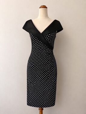 Joseph Ribkoff Polka Dot Off Shoulder Dress Black White Midi Cocktail Dress